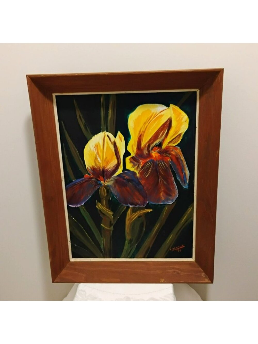 Vintage Signed Oil Painting, Yellow Purple Iris 1974 C. Johnson Wood Frame 29x23